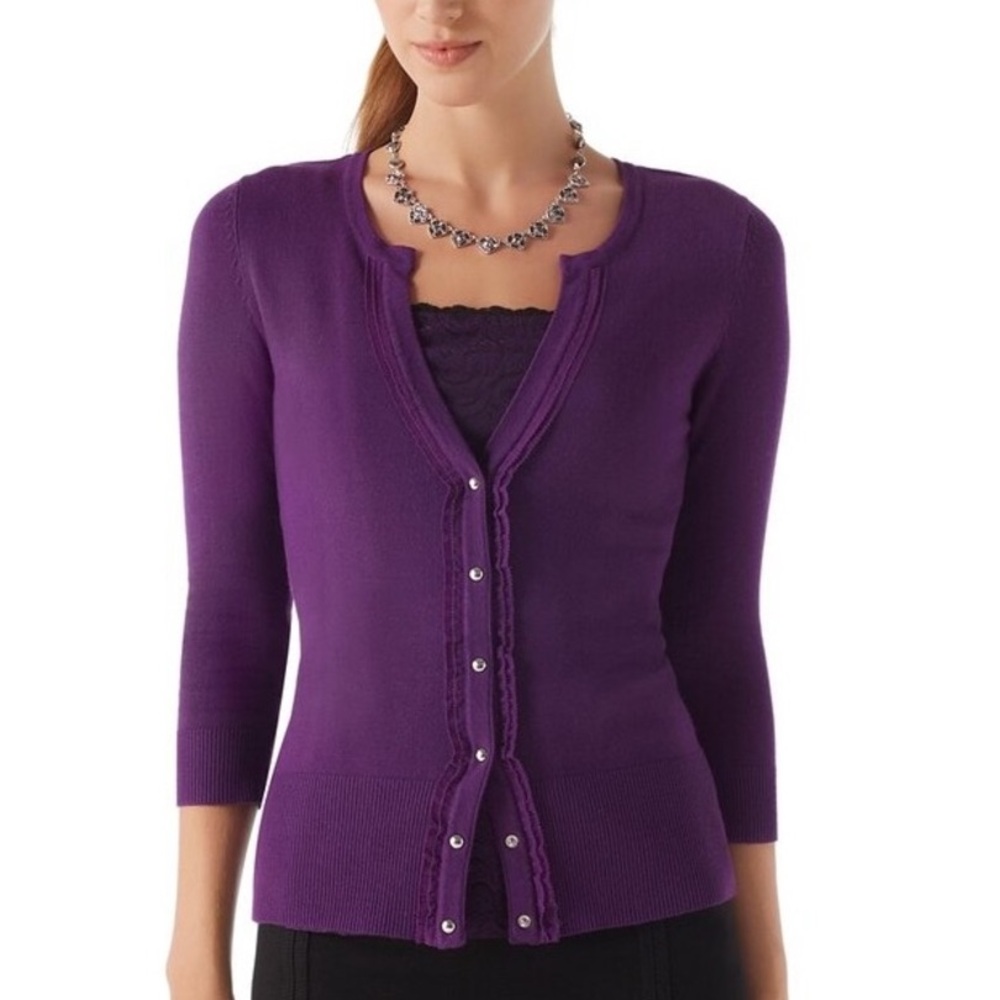 WHBM PURPLE RUFFLE FRONT CARDIGAN & LACE CAMISOLE